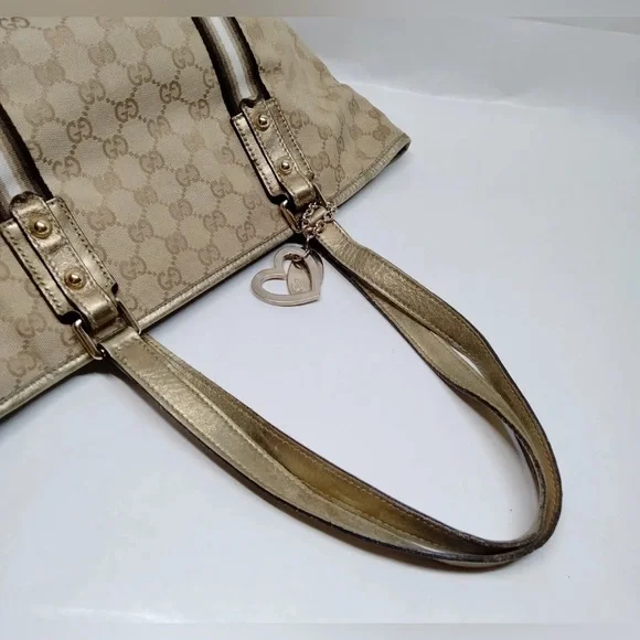 Authenticated Gucci Tote Bag With Heart Charm Canvas 139261 Brown & Beige Shoulder Bags